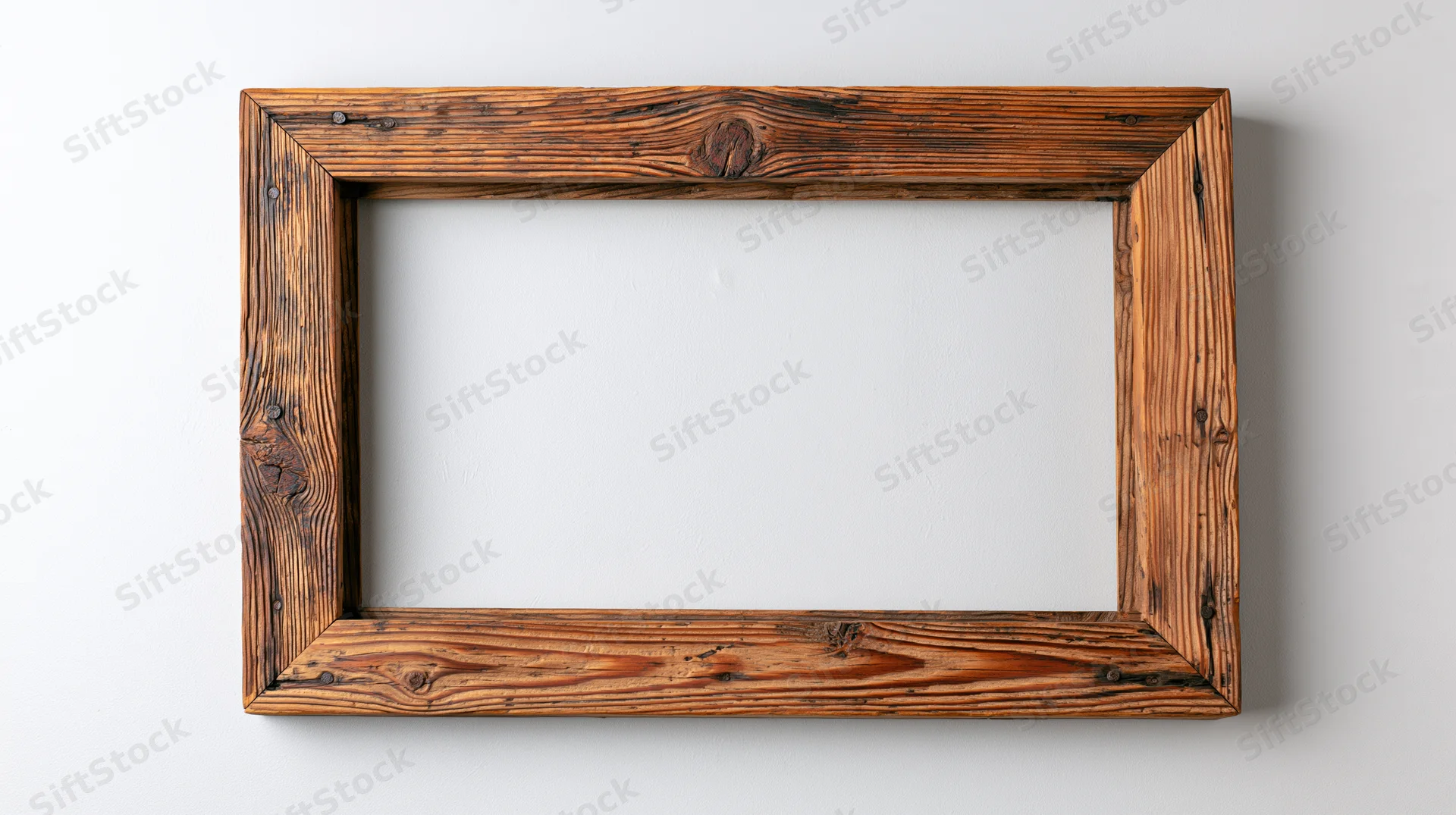 Rustic wooden picture frame hanging on a white wall with visible wood grain and empty center