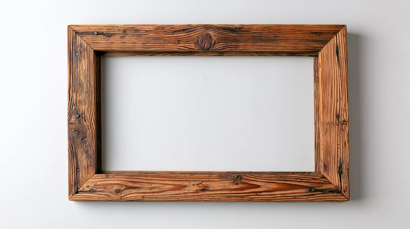Rustic wooden picture frame hanging on a white wall with visible wood grain and empty center