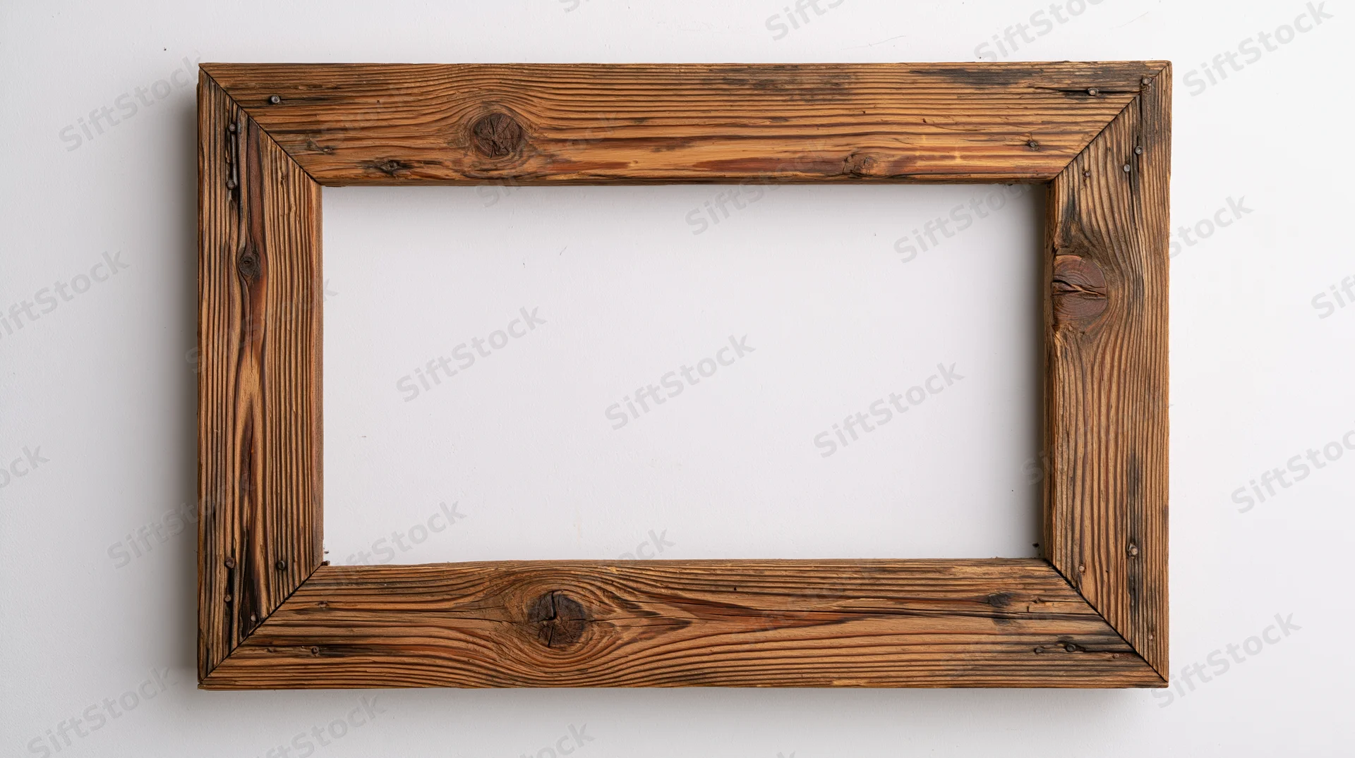 Rustic wooden picture frame with visible grain hanging on white wall