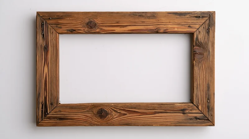 Rustic wooden picture frame with visible grain hanging on white wall