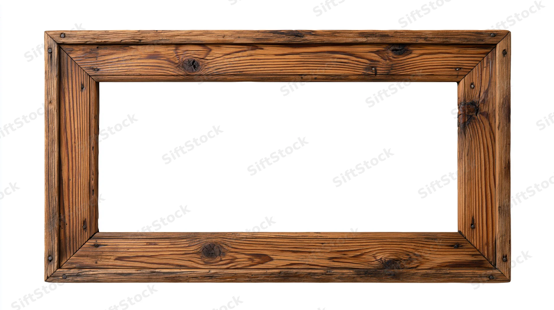 Rustic wooden picture frame with visible grain and metal fasteners on white background