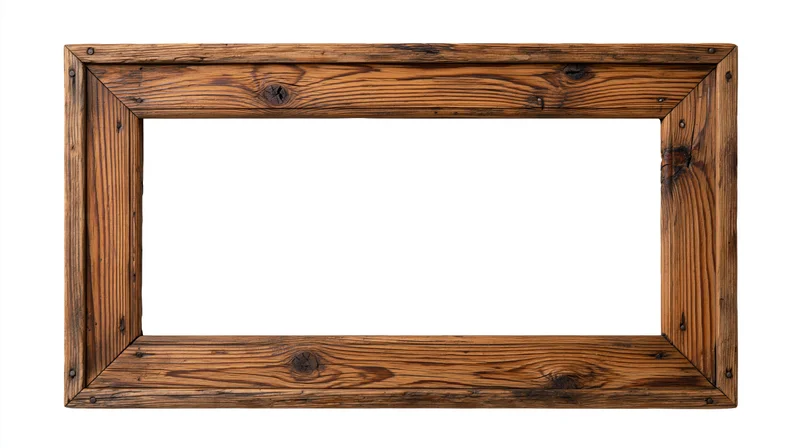 Rustic wooden picture frame with visible grain and metal fasteners on white background