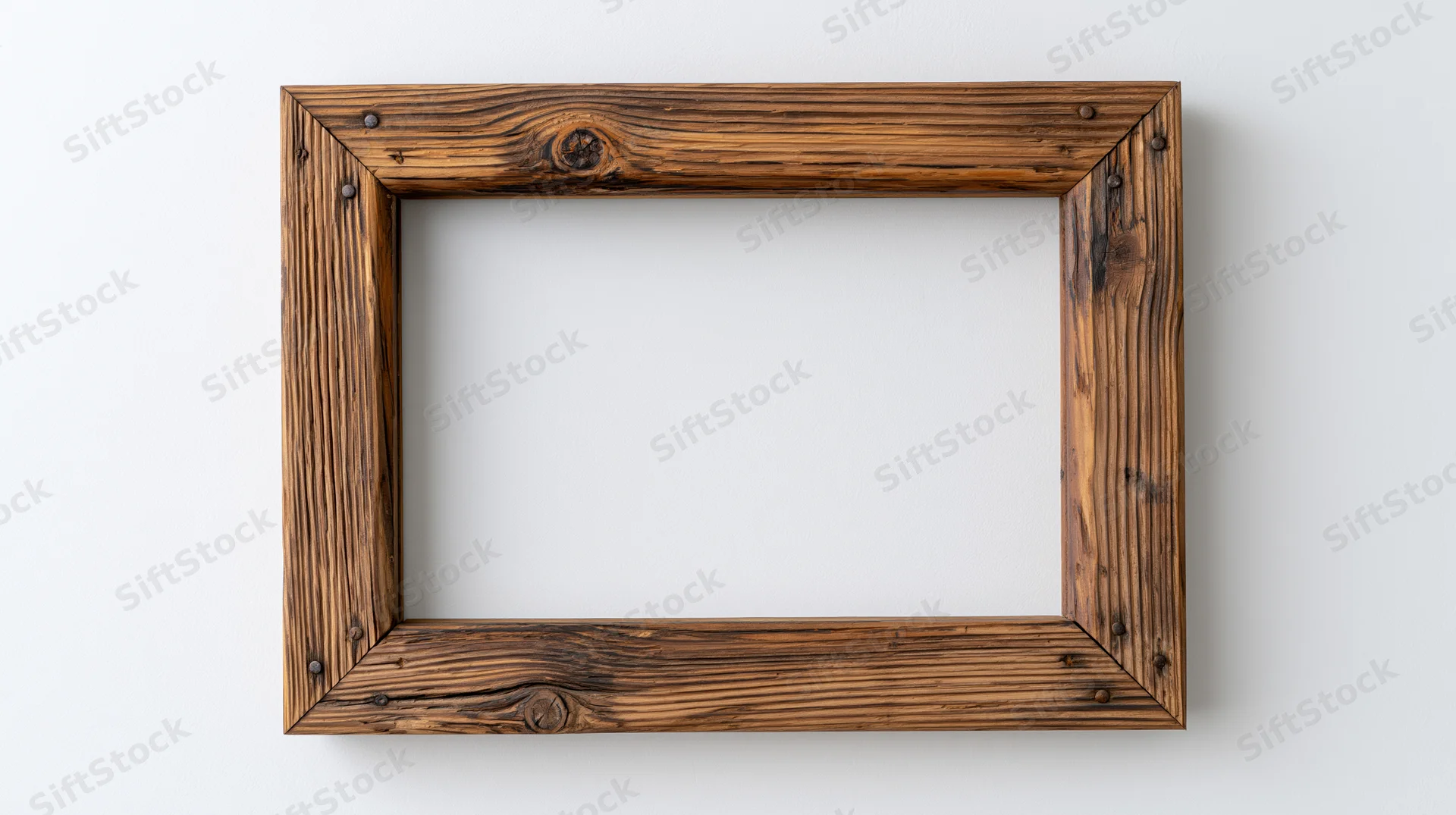 Rustic wooden picture frame hanging on white wall with empty center for display