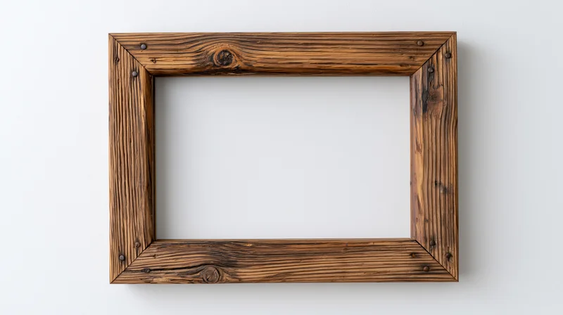 Rustic wooden picture frame hanging on white wall with empty center for display