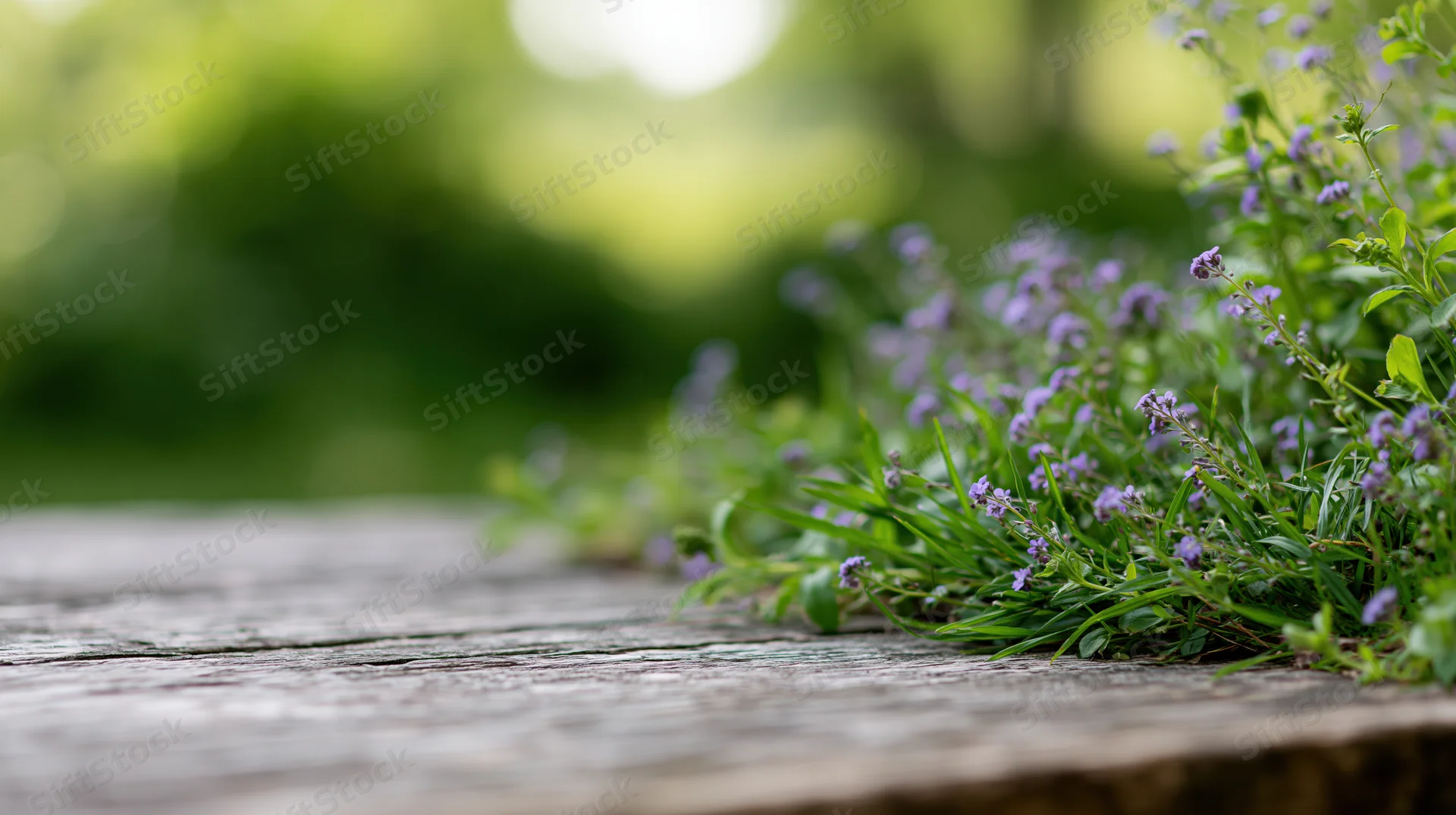 Weathered wooden table surface with lavender plants growing along the edge in a garden setting