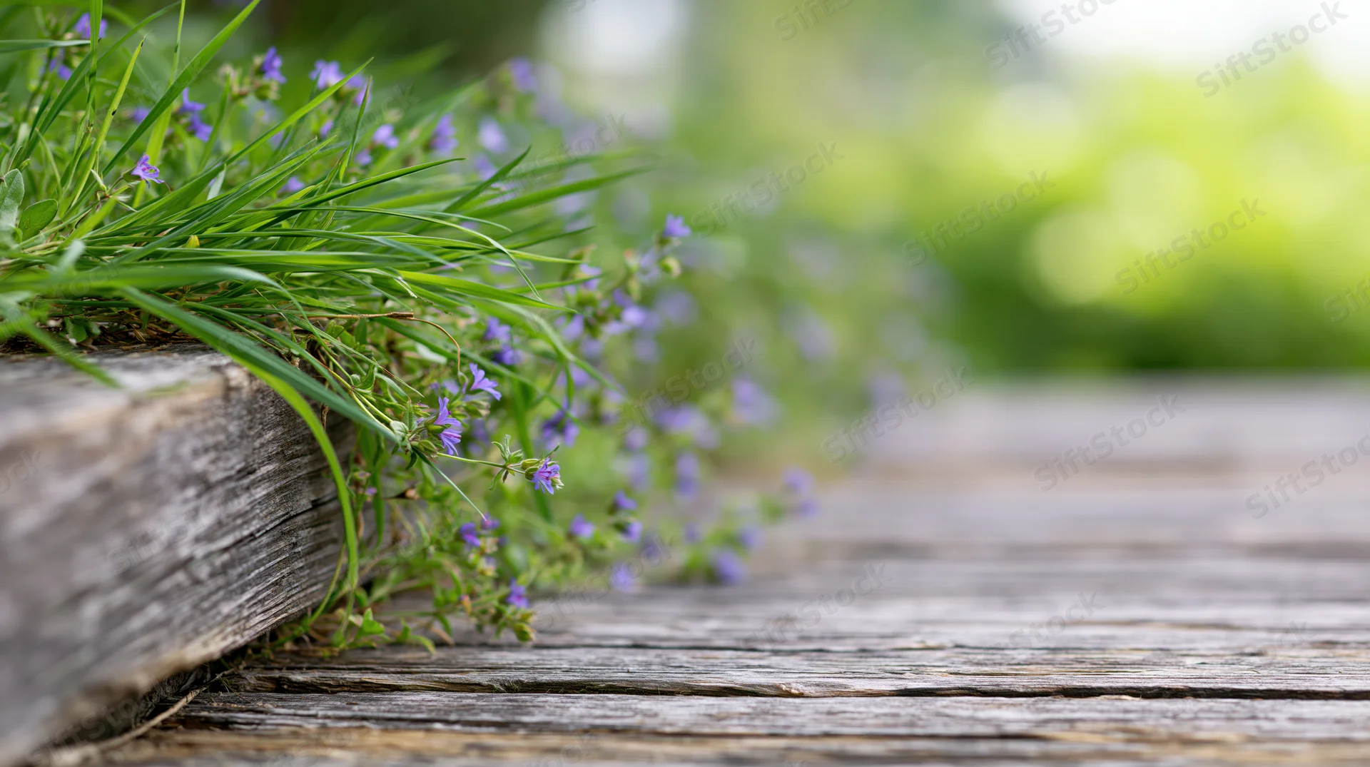 Weathered wooden table surface with green grass and purple wildflowers growing along the edge in a garden setting