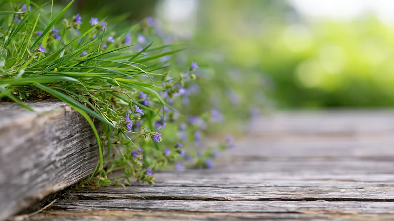 Weathered wooden table surface with green grass and purple wildflowers growing along the edge in a garden setting