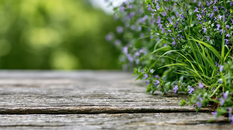 Weathered wooden table surface beside blooming purple flowers in a garden
