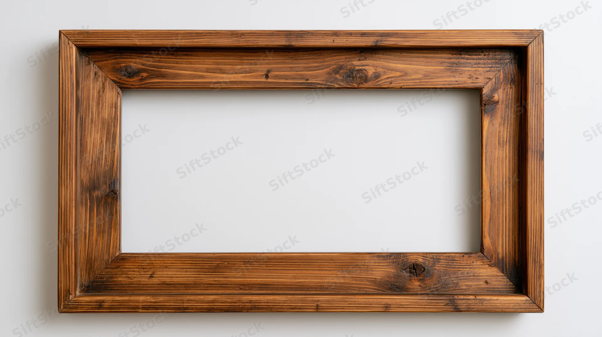 Rustic wooden picture frame with open center hanging on white wall