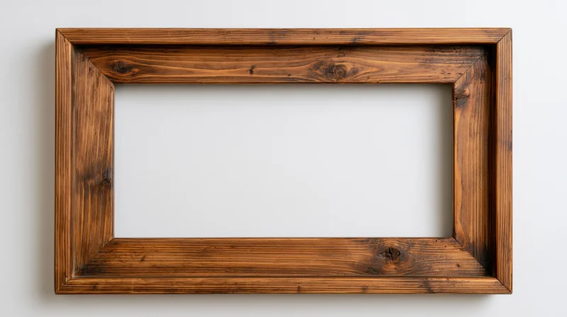 Rustic wooden picture frame with open center hanging on white wall