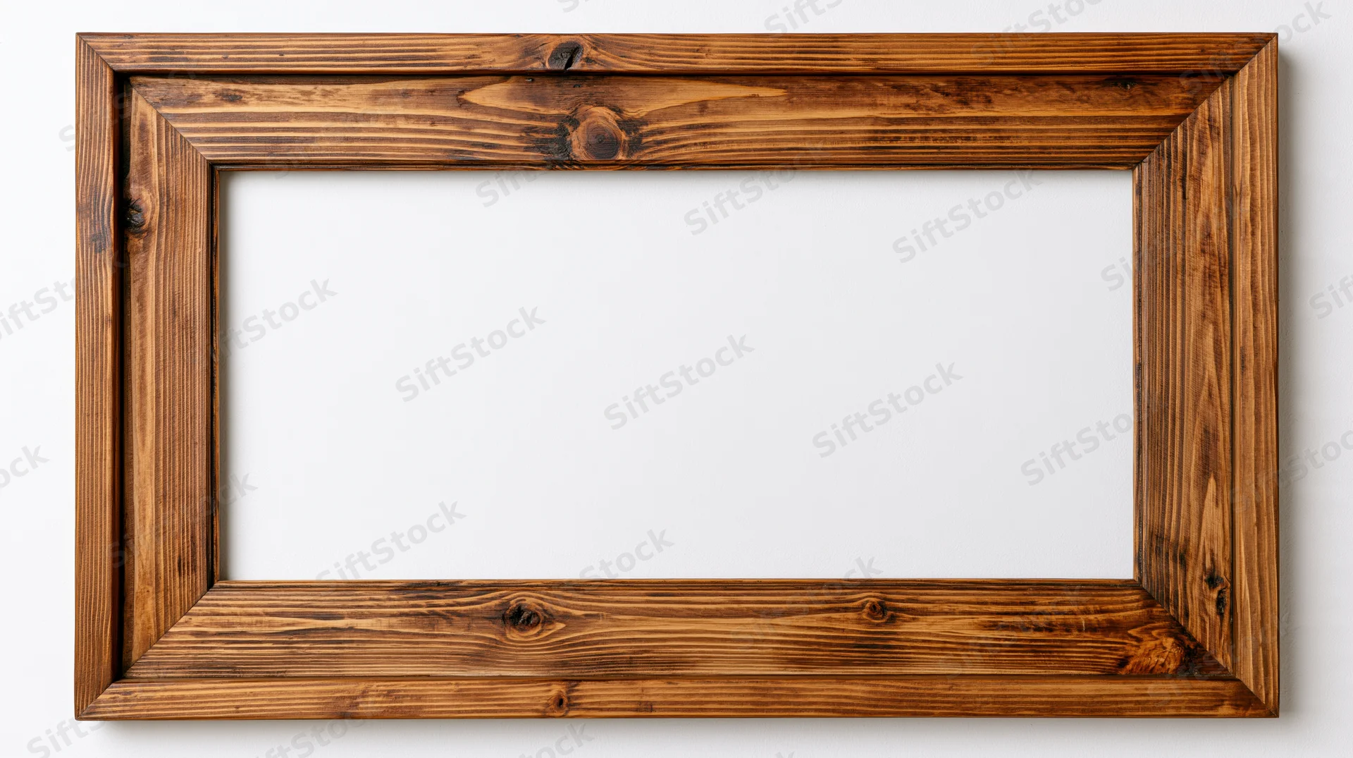 Rustic wooden picture frame with open center isolated on white background