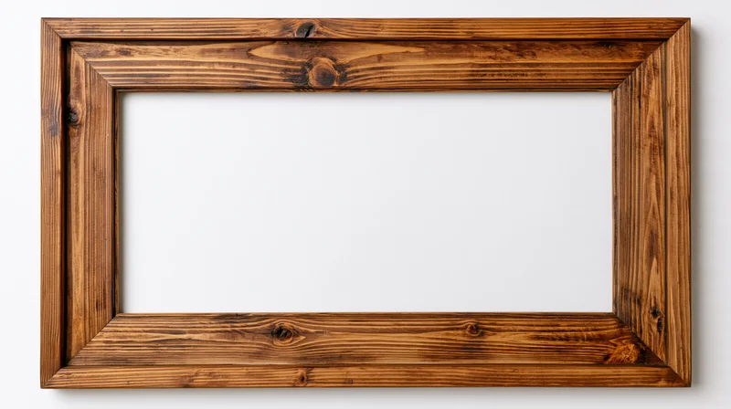 Rustic wooden picture frame with open center isolated on white background