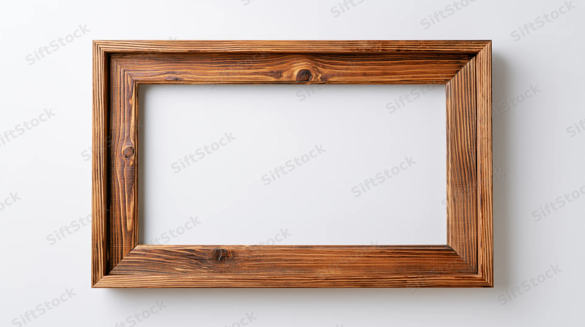 Rustic wooden picture frame with open center hanging on white wall
