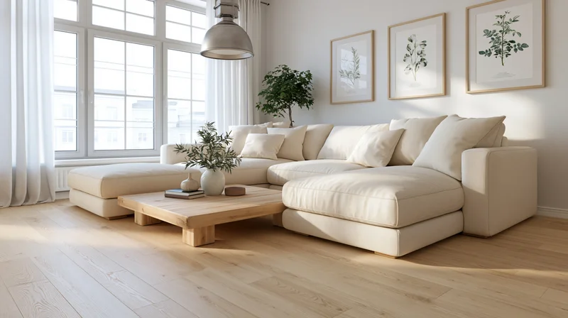 Cream l-shaped sofa with wooden coffee table and botanical artwork in a bright scandinavian living room