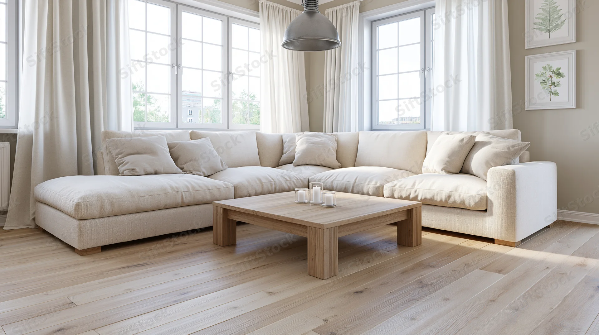 Lshaped cream sofa in a scandinavian living room with wooden coffee table and large windows
