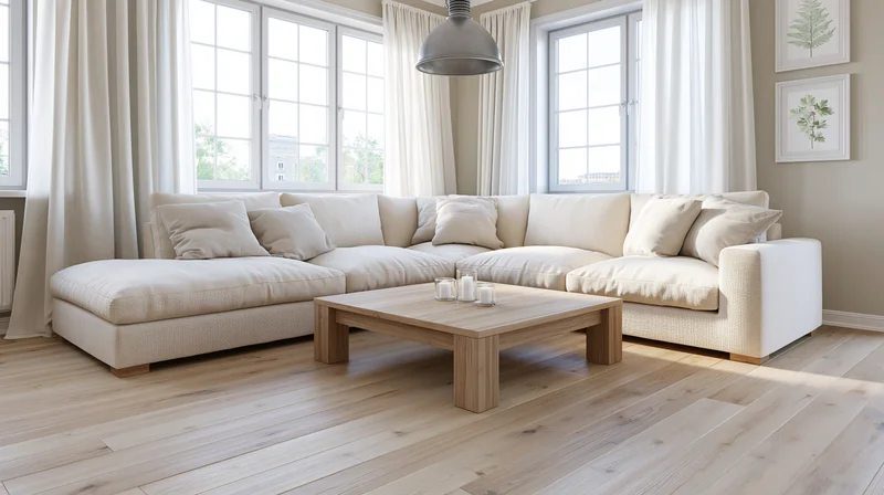 Lshaped cream sofa in a scandinavian living room with wooden coffee table and large windows