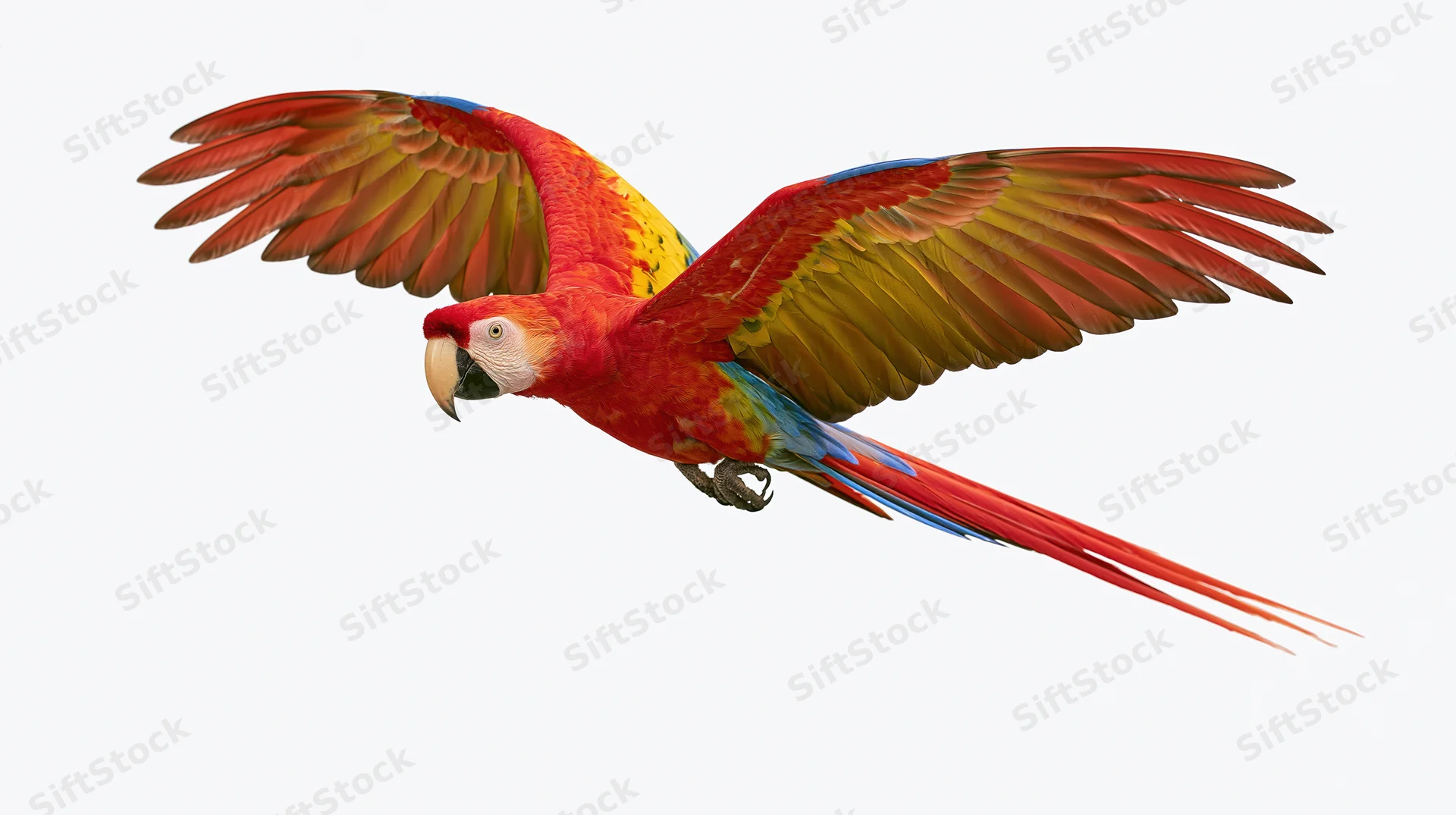 Scarlet macaw in mid-flight with wings fully spread against white background