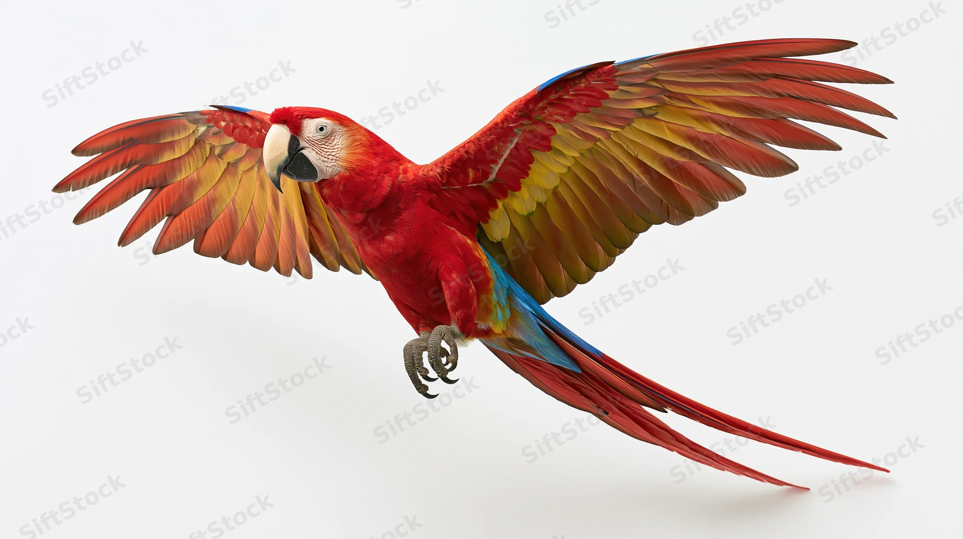 Scarlet macaw in mid-flight with wings fully spread against white background