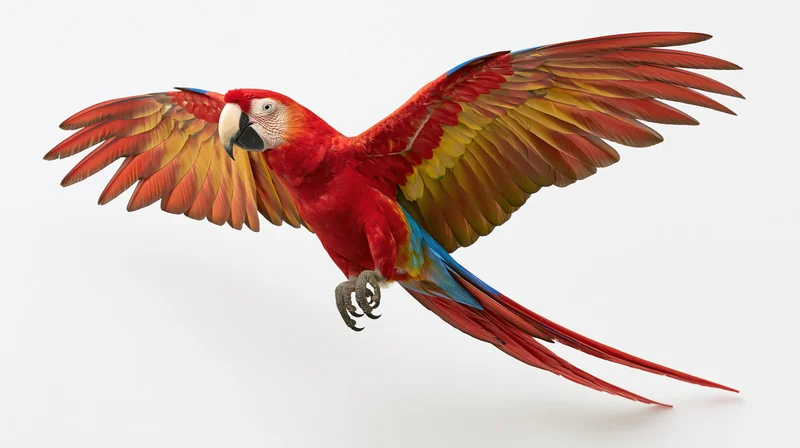 Scarlet macaw in mid-flight with wings fully spread against white background