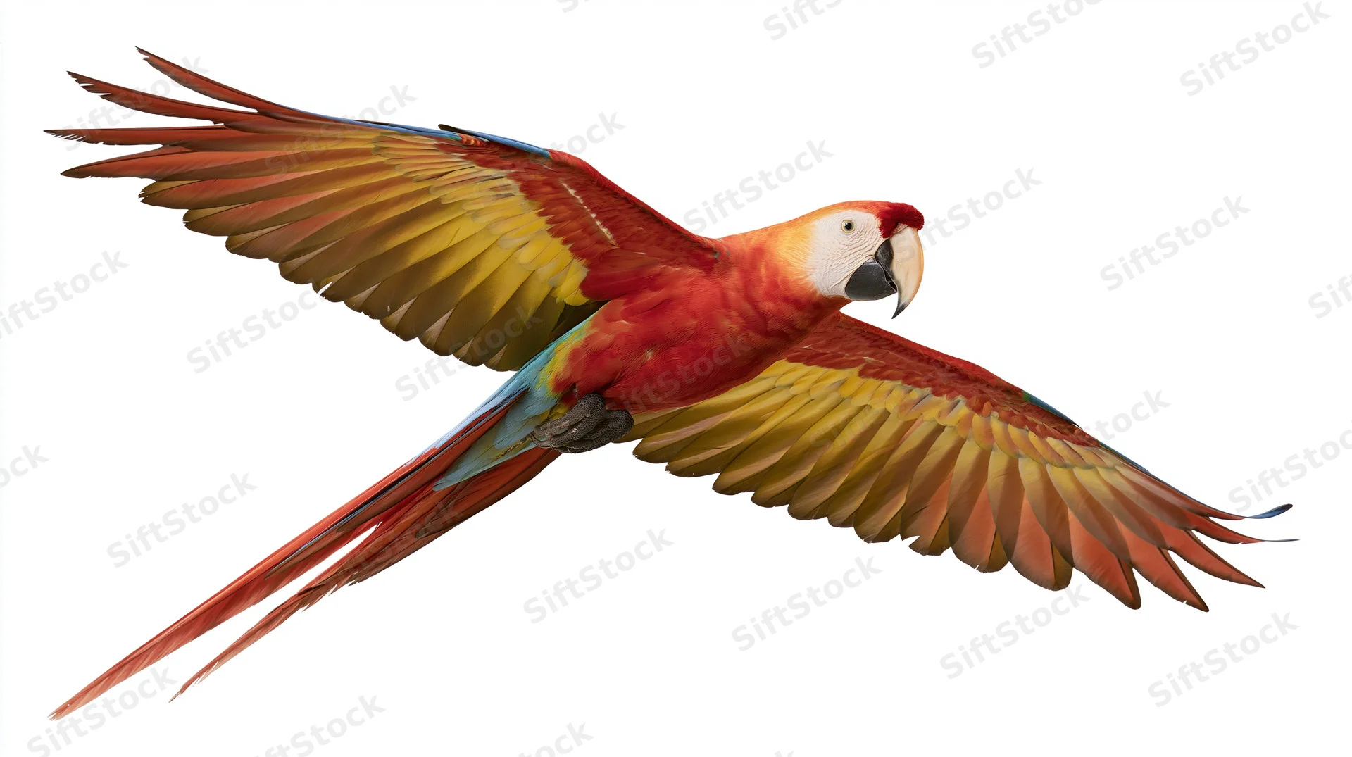 Scarlet macaw in mid-flight with wings fully spread against white background