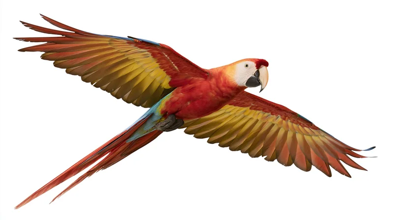 Scarlet macaw in mid-flight with wings fully spread against white background
