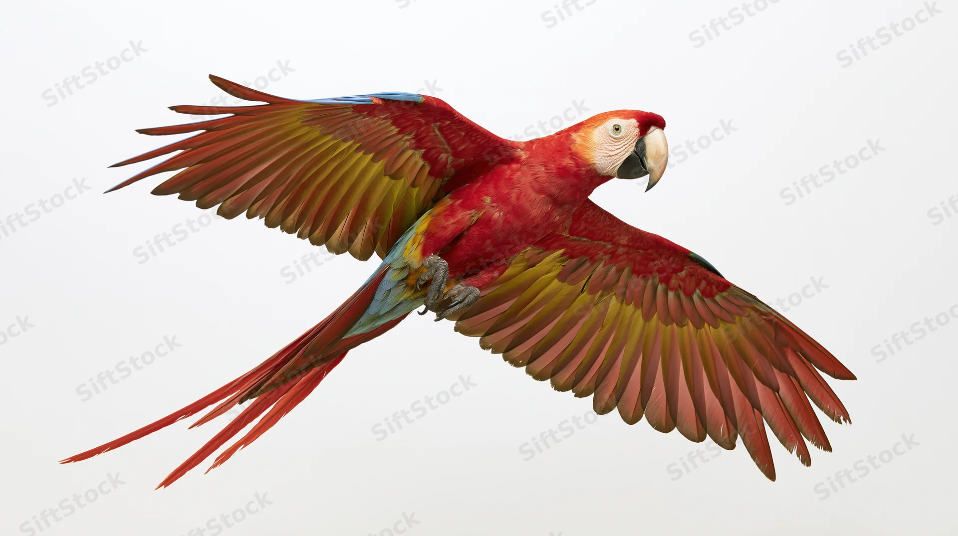 Scarlet macaw in mid-flight with wings fully spread against white background