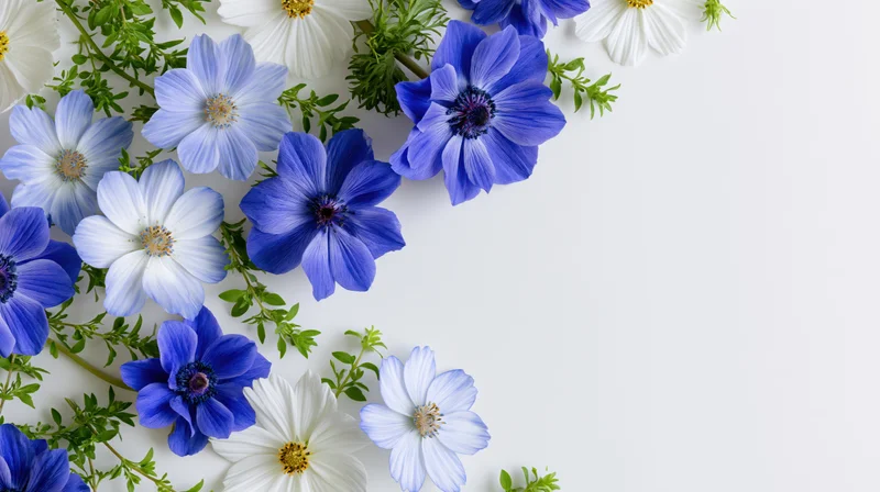 Blue and white anemone and cosmos flowers arranged on white surface with green stems and leaves, flat lay top view