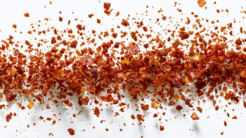 Scattered red and orange spice flakes on a white surface