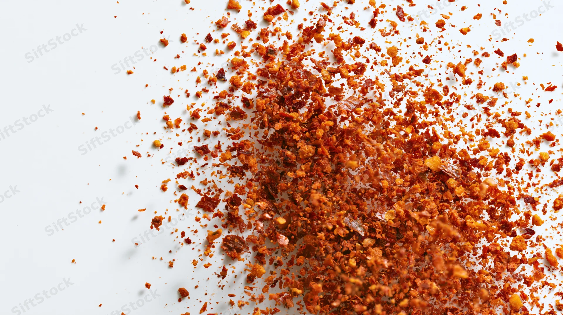 Scattered red and orange spice flakes on white surface