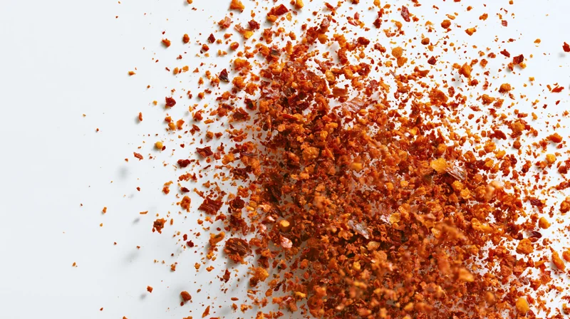 Scattered red and orange spice flakes on white surface