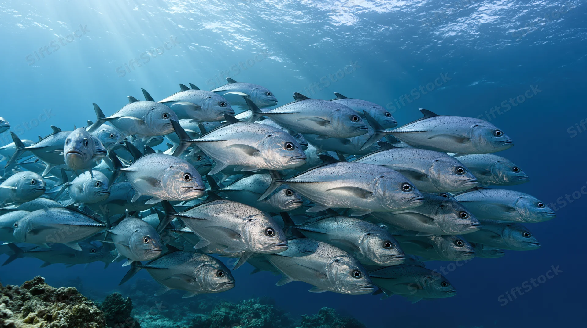 School of giant trevally fish swimming together in open ocean water