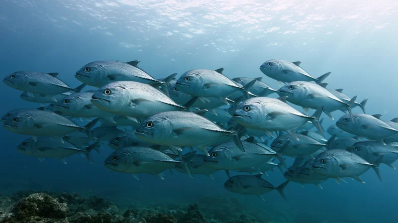 School of giant trevally fish swimming together in open ocean water