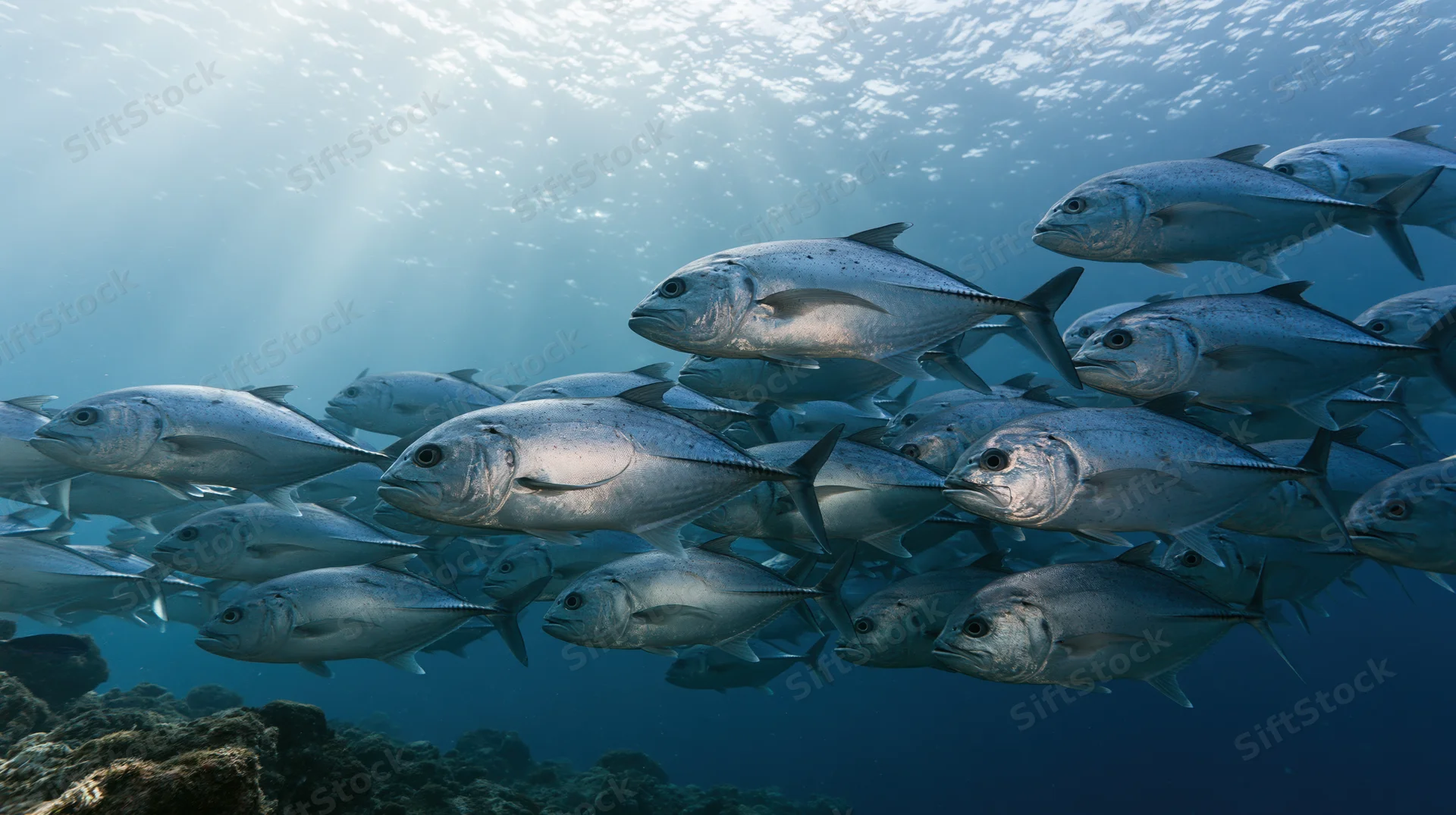 School of giant trevally fish swimming together in open ocean water