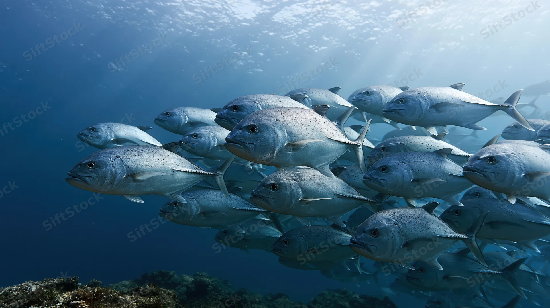 School of giant trevally fish swimming together in open ocean water