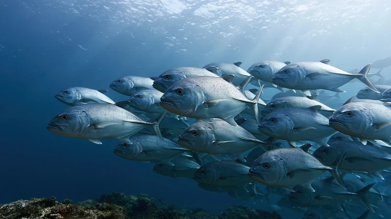 School of giant trevally fish swimming together in open ocean water