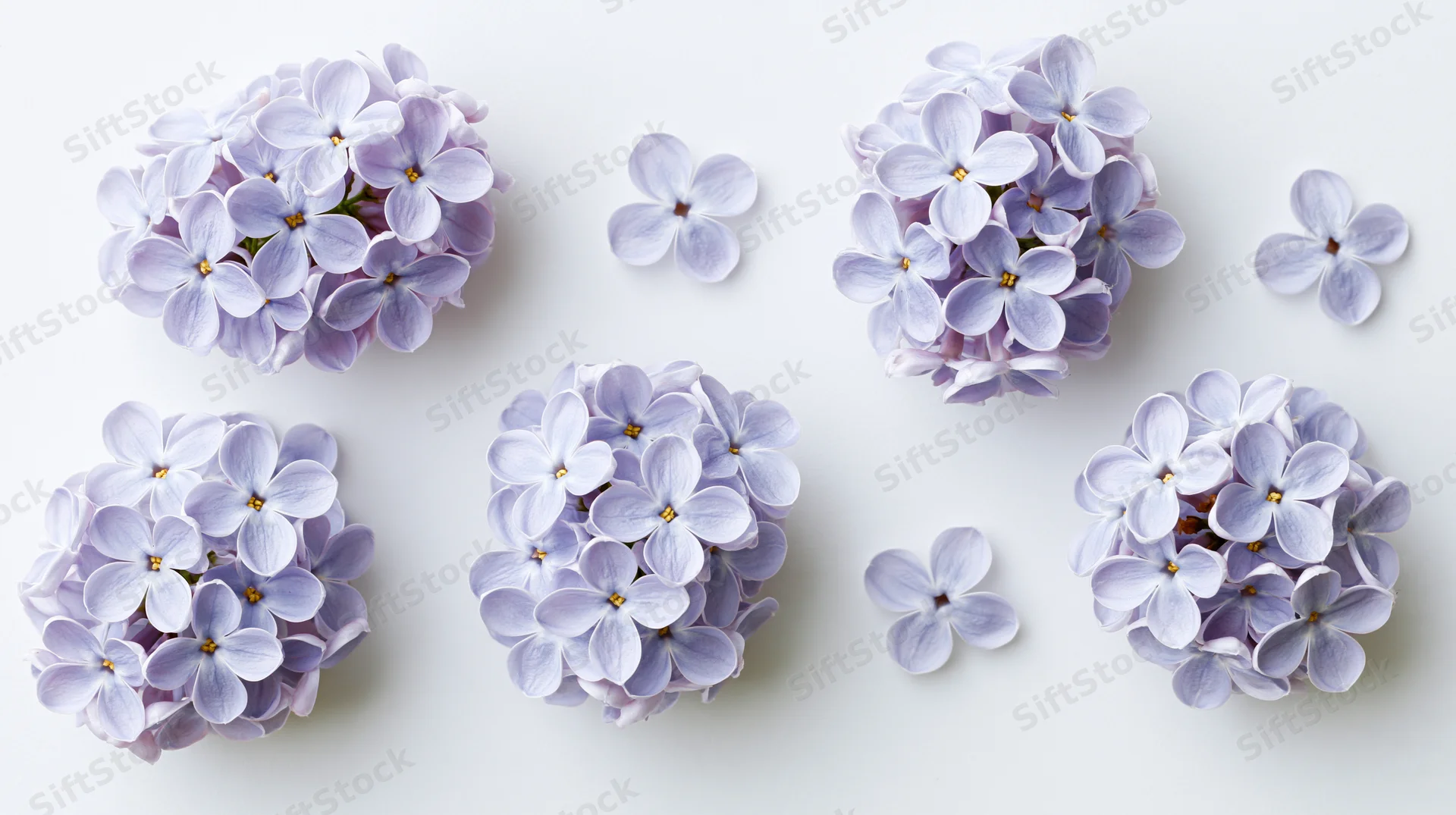 Lilac flower clusters and single blooms arranged on white background in flat lay composition