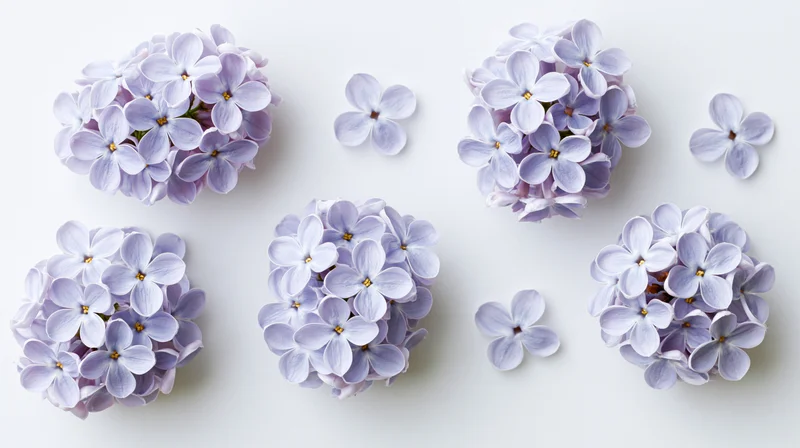 Lilac flower clusters and single blooms arranged on white background in flat lay composition