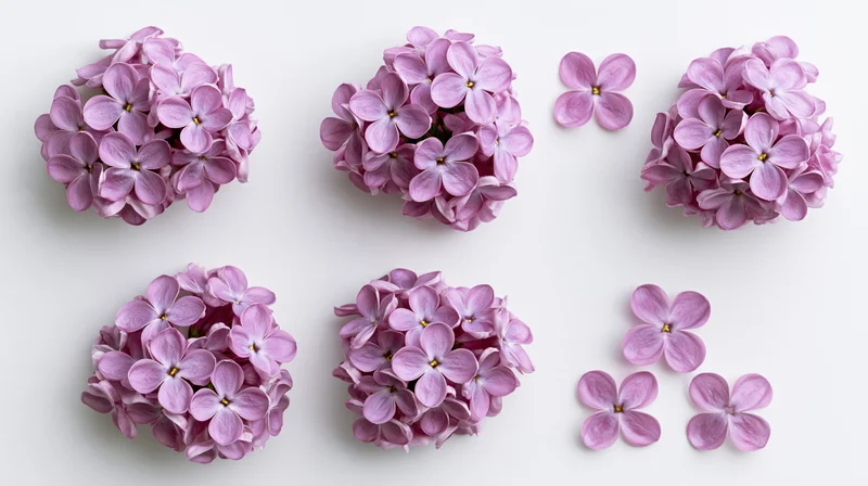 Lilac flower clusters and single blooms arranged in a grid on a white background