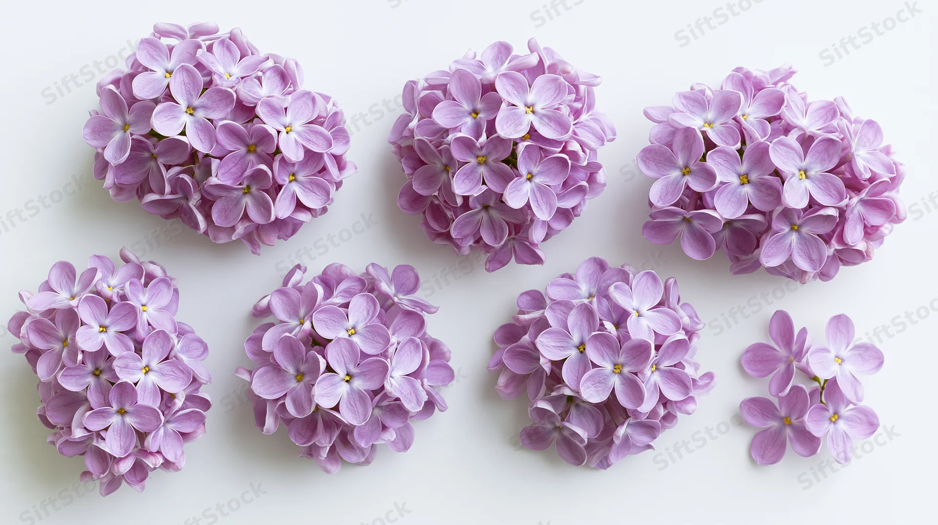 Seven lilac flower clusters and single blooms arranged in a flat lay on a white background