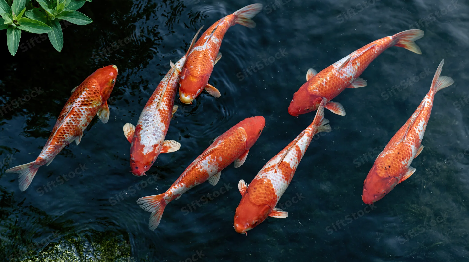 Seven koi fish swimming near the surface of a dark pond with green foliage at the edge