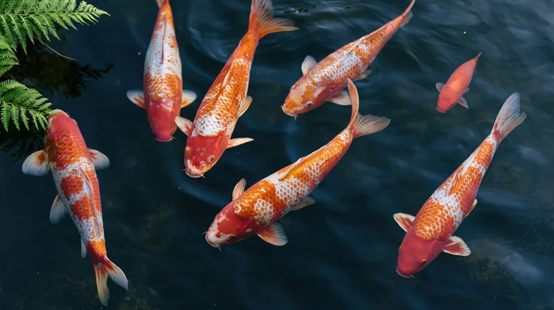 Koi fish swimming in a dark pond with ferns along the edge