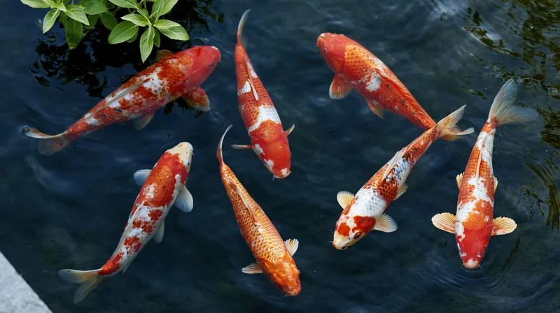 Seven koi fish swimming in a pond near the surface with green foliage above