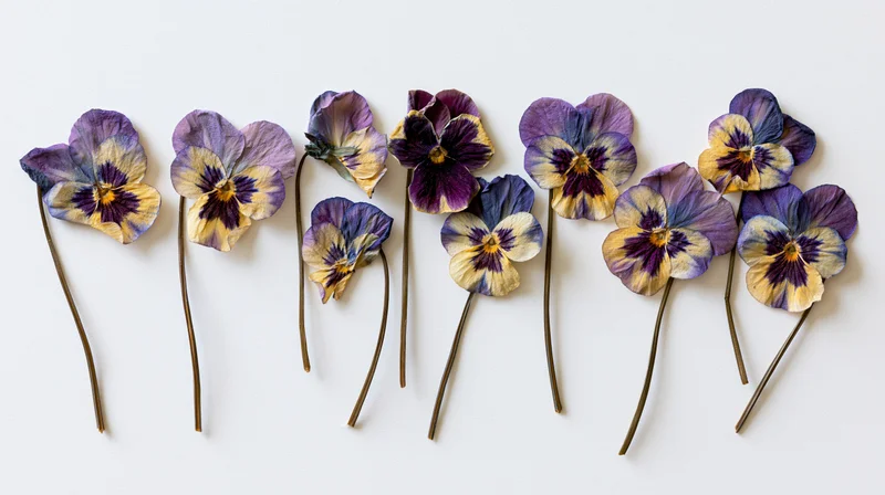 Pressed viola flowers arranged in a row on a white background