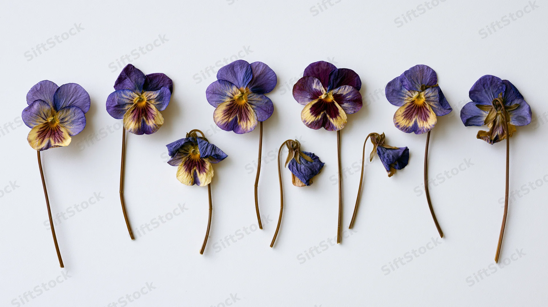 Seven pressed dried viola flowers with long slender stems arranged in a row on white background