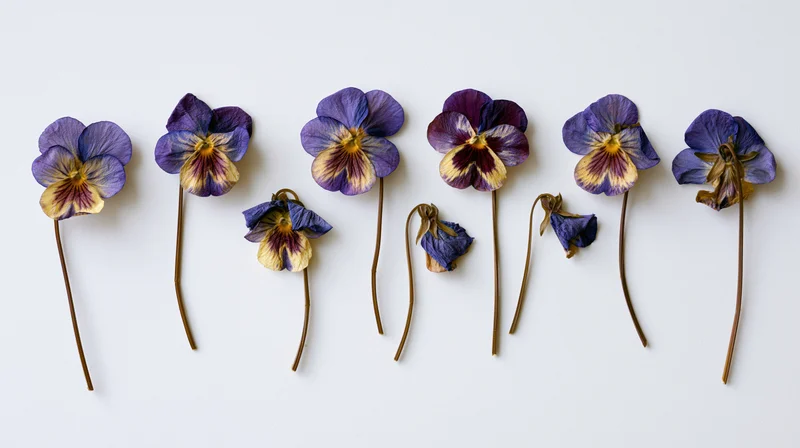 Seven pressed dried viola flowers with long slender stems arranged in a row on white background