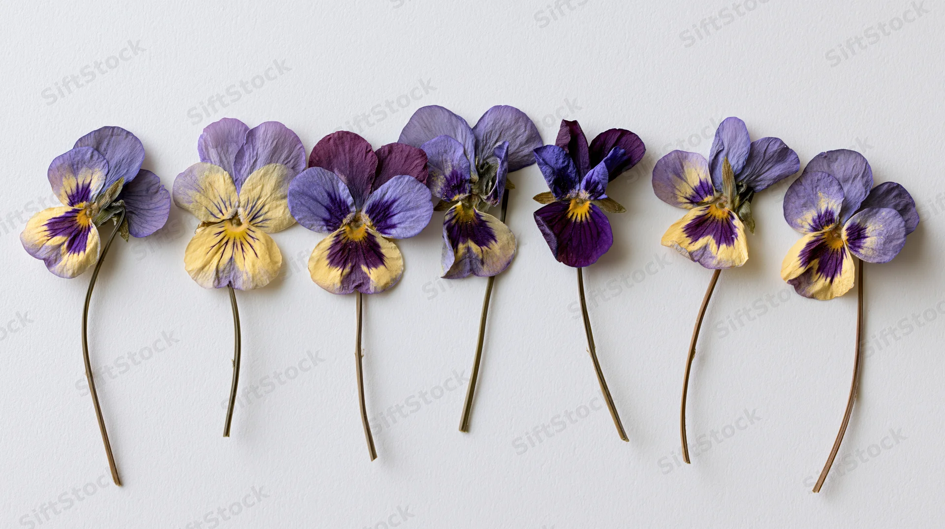 Seven pressed viola flowers with long stems arranged in a row on a white surface