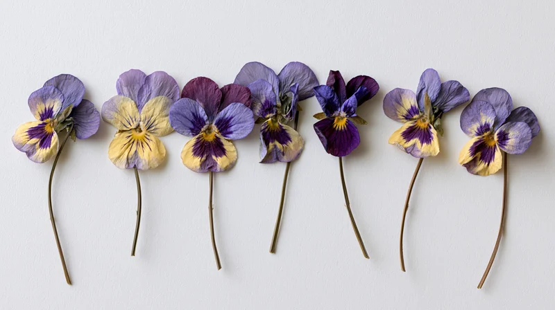 Seven pressed viola flowers with long stems arranged in a row on a white surface