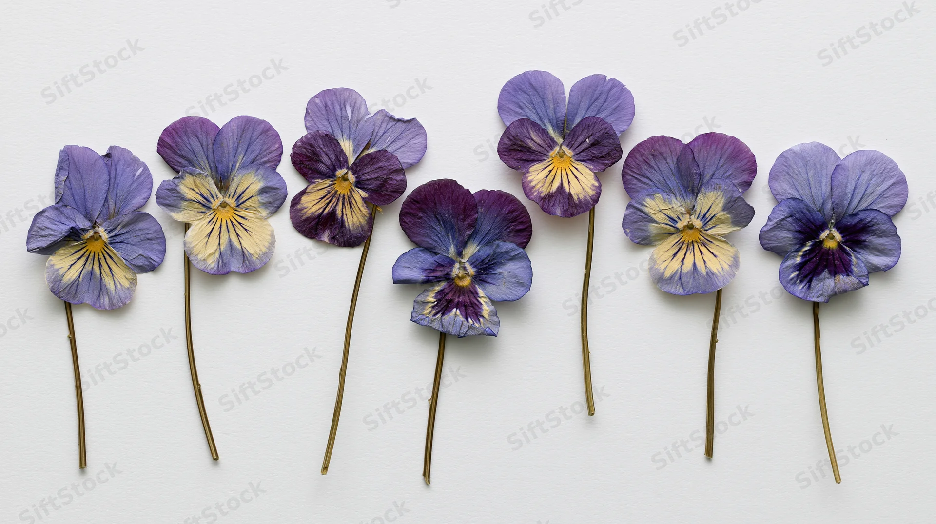 Seven pressed viola flowers with long stems arranged in a row on white background