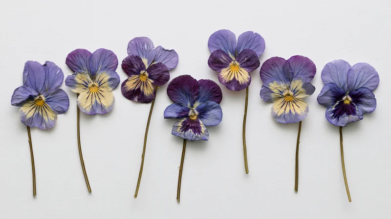 Seven pressed viola flowers with long stems arranged in a row on white background