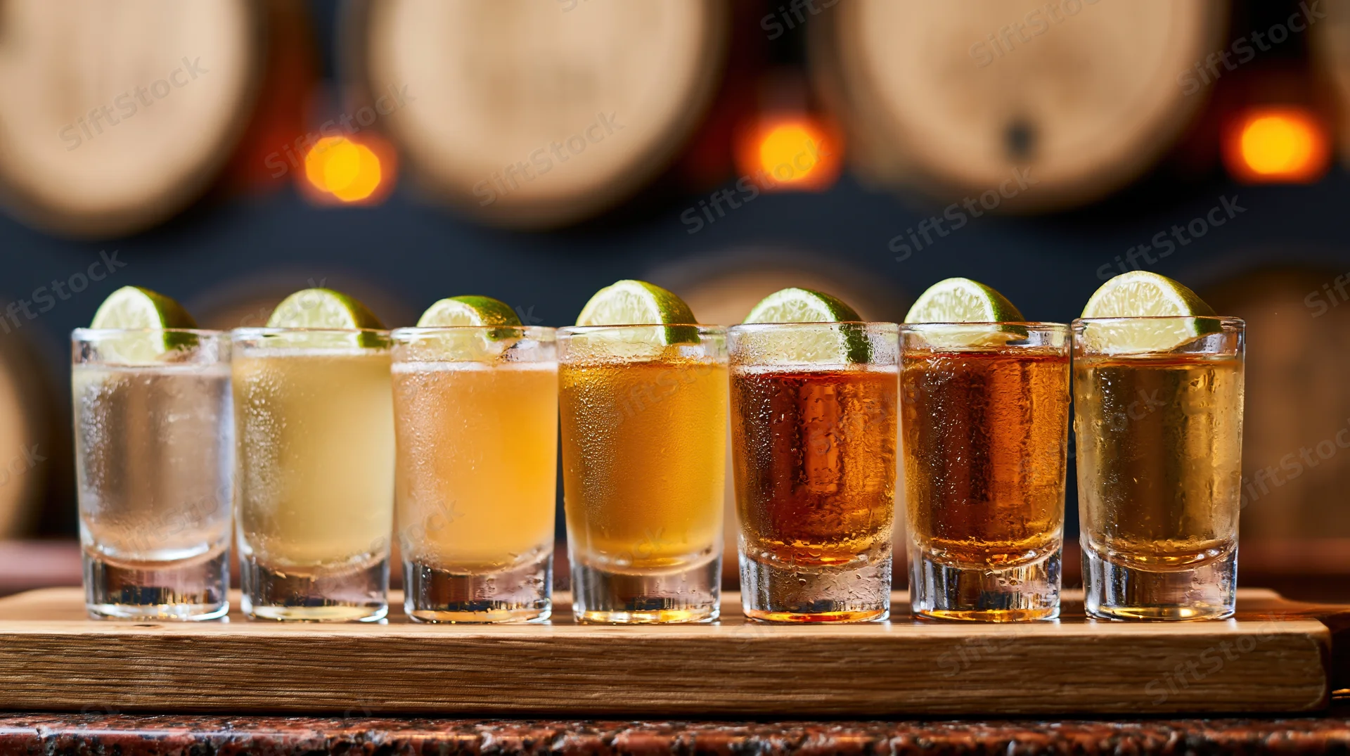 Seven tequila shots with lime garnish arranged in a row on a wooden tray in a bar setting